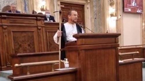 Un senator PSD a intrat cu o sapă în sala de ședință: ”Mă scuzați dragi colegi, dar țara merge tot mai prost” / Conform regulamentului, este interzis accesul în Palatul Parlamentului cu arme albe