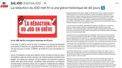 Jurnaliștii de la Journal du dimanche pun capăt unei greve de 40 de zile. Redacția a protestat față de sosirea lui Geoffroy Lejeune la conducerea săptămânalului emblematic al Franței, cel mai recent episod din asaltul extremei drepte asupra presei