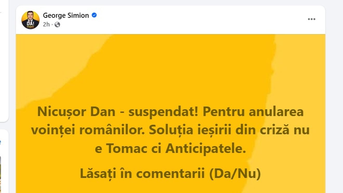Simion face ”sondaj” pe Facebook pentru suspendarea lui Nicușor Dan / Președintele exclude polul extremist de la guvernare, șeful AUR cere alegeri anticipate