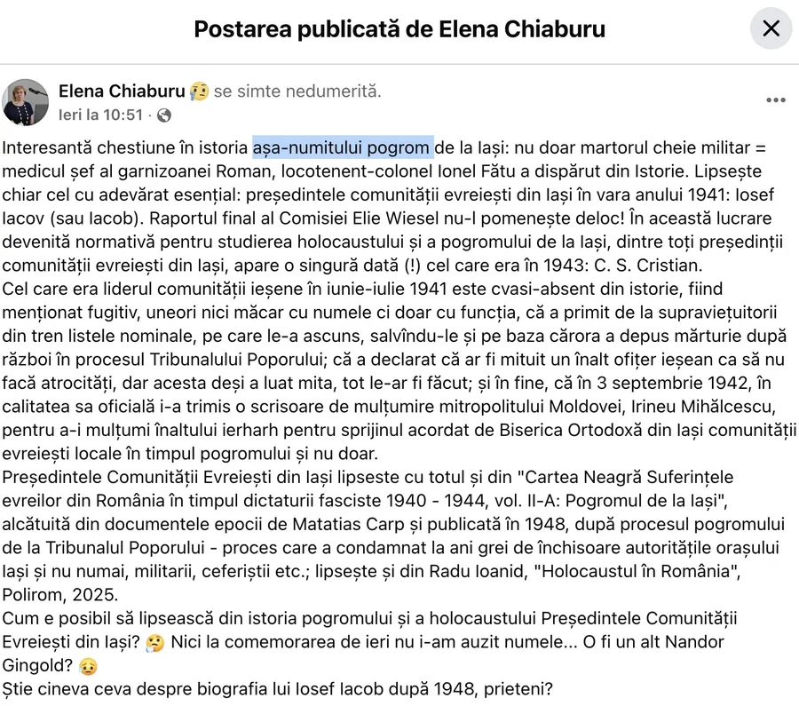 Postare Elena Chiaburu / FB
