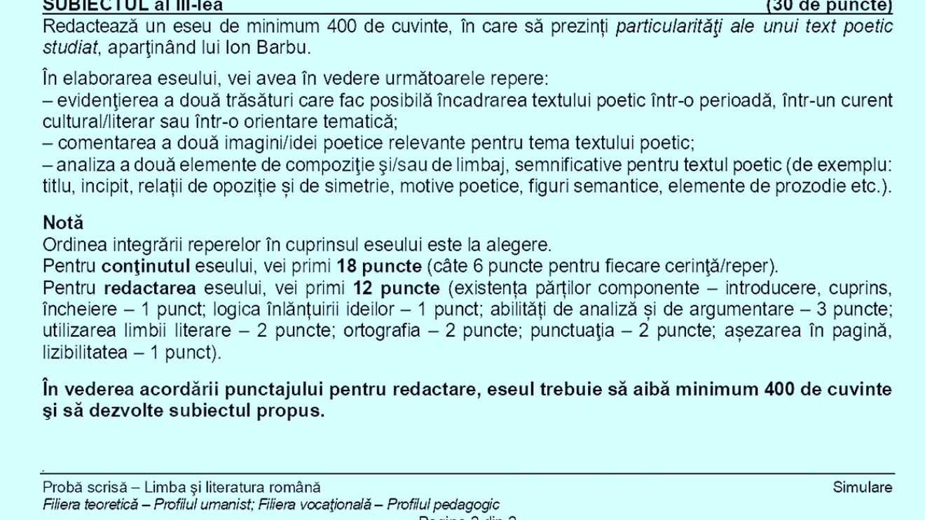 Subiecte Limba română uman – simulare BAC 2024. Eseu de 400 de cuvinte despre un text poetic ce aparține lui Ion Barbu