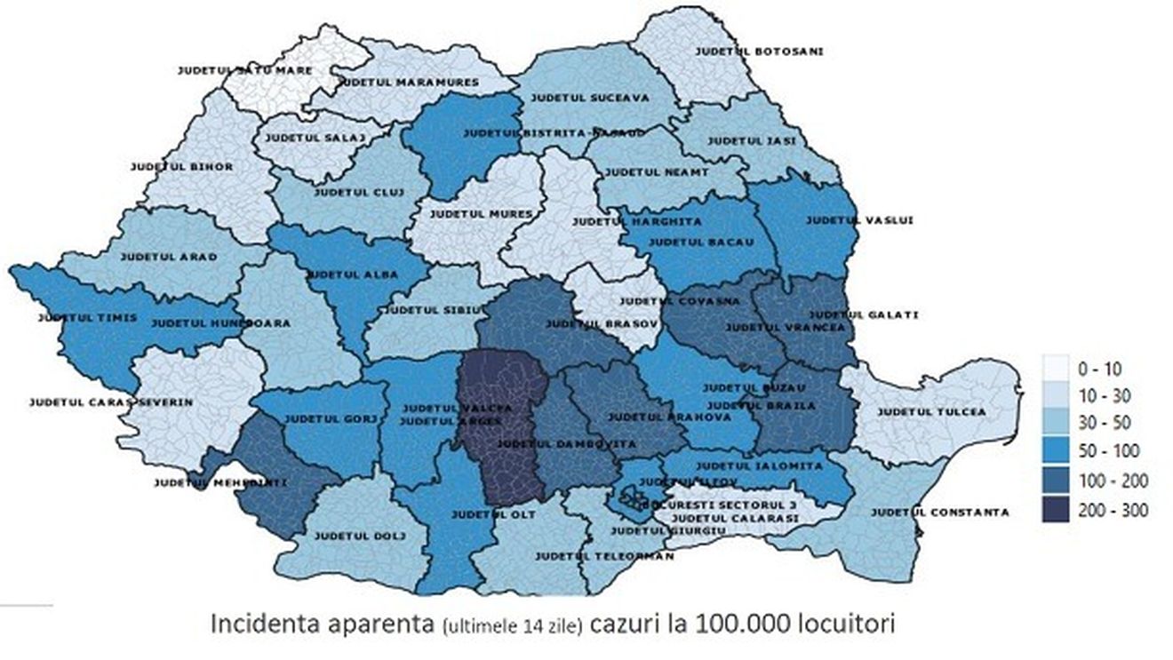 DOCUMENT Trendul epidemiei COVID-19, ascendent în 34 de județe și în București / Județul Argeș are cele mai multe noi cazuri la 100.000 de locuitori
