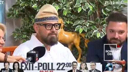 Apariție la Antena 3 cu Cristian Popescu Piedone cu căciulă de dac, înainte de închiderea urnelor
