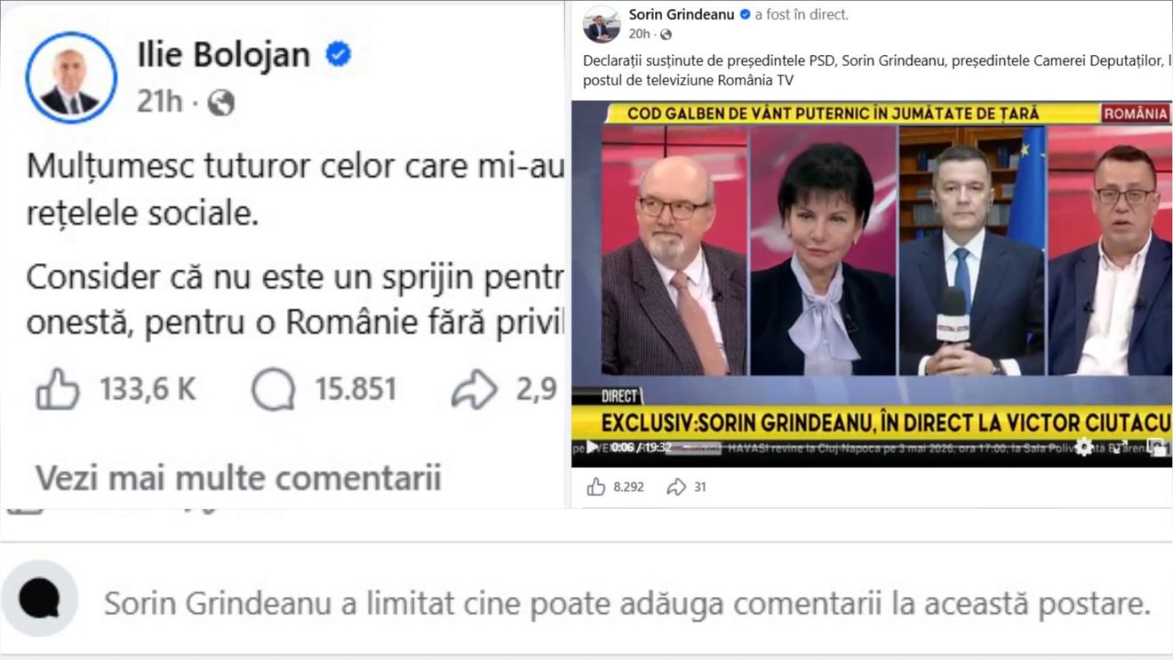 Bătălia politică pe Facebook:  Bolojan, comentarii și reacții la liber, Grindeanu și-a închis comentariile și nu poți vedea reacțiile utilizatorilor individual / Postările premierului, de 11 ori mai multe reacții și distribuiri decât atacurile șefului PSD