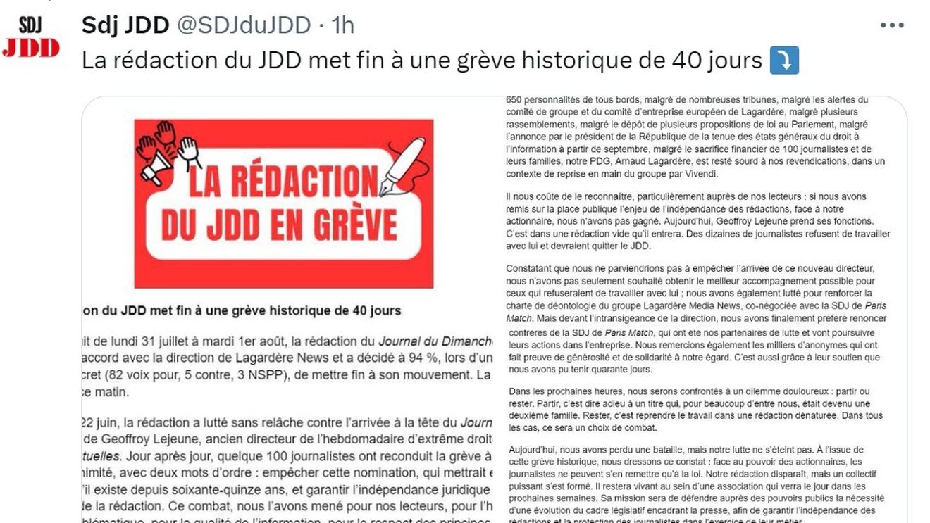 Jurnaliștii de la Journal du dimanche pun capăt unei greve de 40 de zile. Redacția a protestat față de sosirea lui Geoffroy Lejeune la conducerea săptămânalului emblematic al Franței, cel mai recent episod din asaltul extremei drepte asupra presei