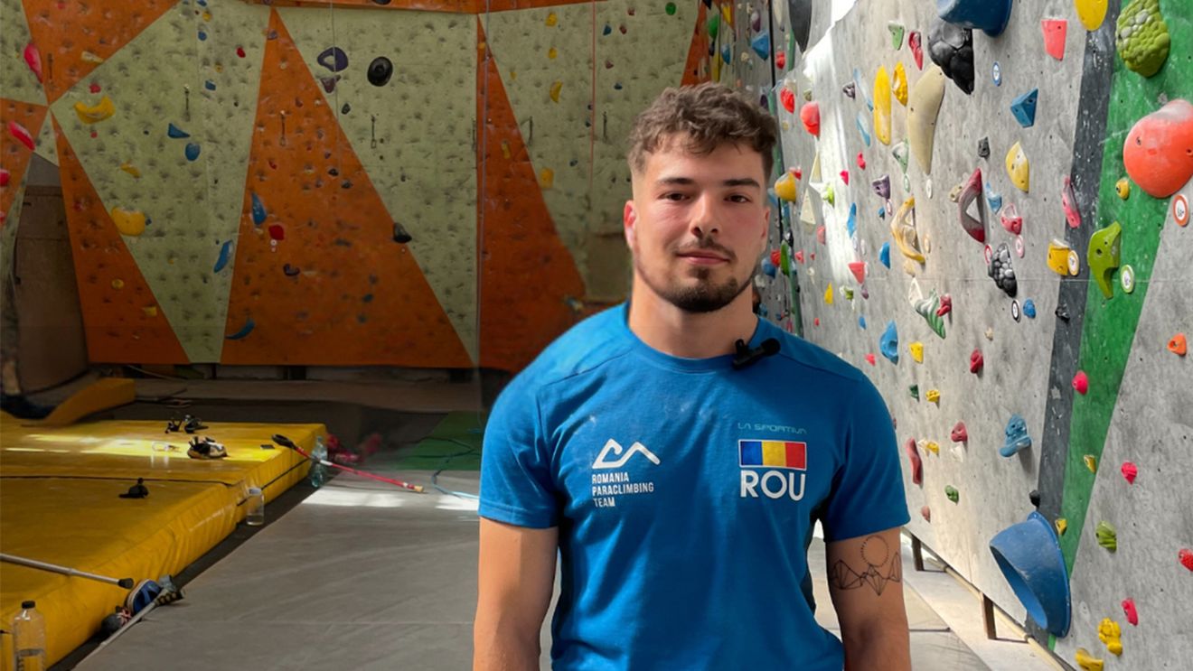 VIDEO Liviu Matei, medaliat cu aur la Campionatul European de Paraclimbing 2024, câștigător la o categorie pentru o singură dizabilitate, iar el are două/ Se mobilizează când vede alți concurenți cu probleme și mai mari, iar planul de cățărare și-l face în 5 minute