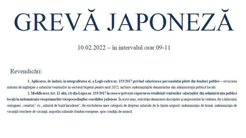 Sindicatele din administraţie se vor afla în grevă japoneză, joi. Angajaţii din sistem cer, printre altele, revocarea măsurii de îngheţare a salariilor ȋn sectorul bugetar