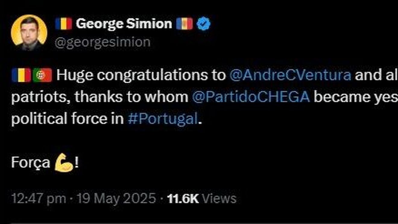 Prima reacție a lui George Simion pe X, acolo unde și-a revendicat victoria în noaptea alegerilor: Felicită extrema dreaptă din Portugalia că a devenit a doua forță politică