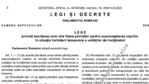 Legea prin care se acordă zile libere pentru părinți când se închid școlile a fost publicată în Monitorul Oficial
