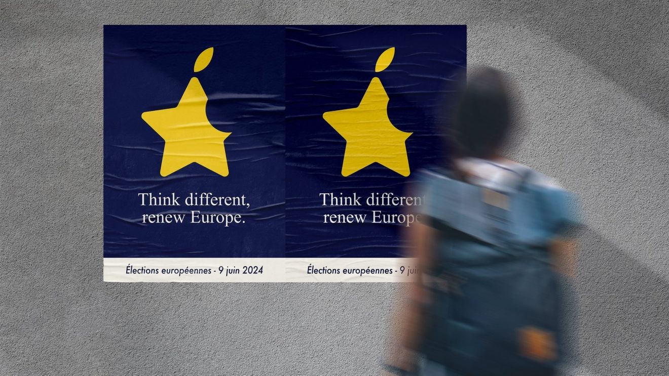 Partidul lui Macron stârnește un val de critici după ce a prezentat un afiș inspirat din logo-ul Apple, cu sloganul „Think different”, pentru alegerile europarlamentare din iunie