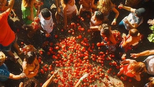 VIDEO | Ce se întâmplă la Tomatina, marea sărbătoare a roșiilor, unde oamenii se bat pe stradă cu tomate/ Anul acesta vor fi „sacrificate” 120.000 de kilograme
