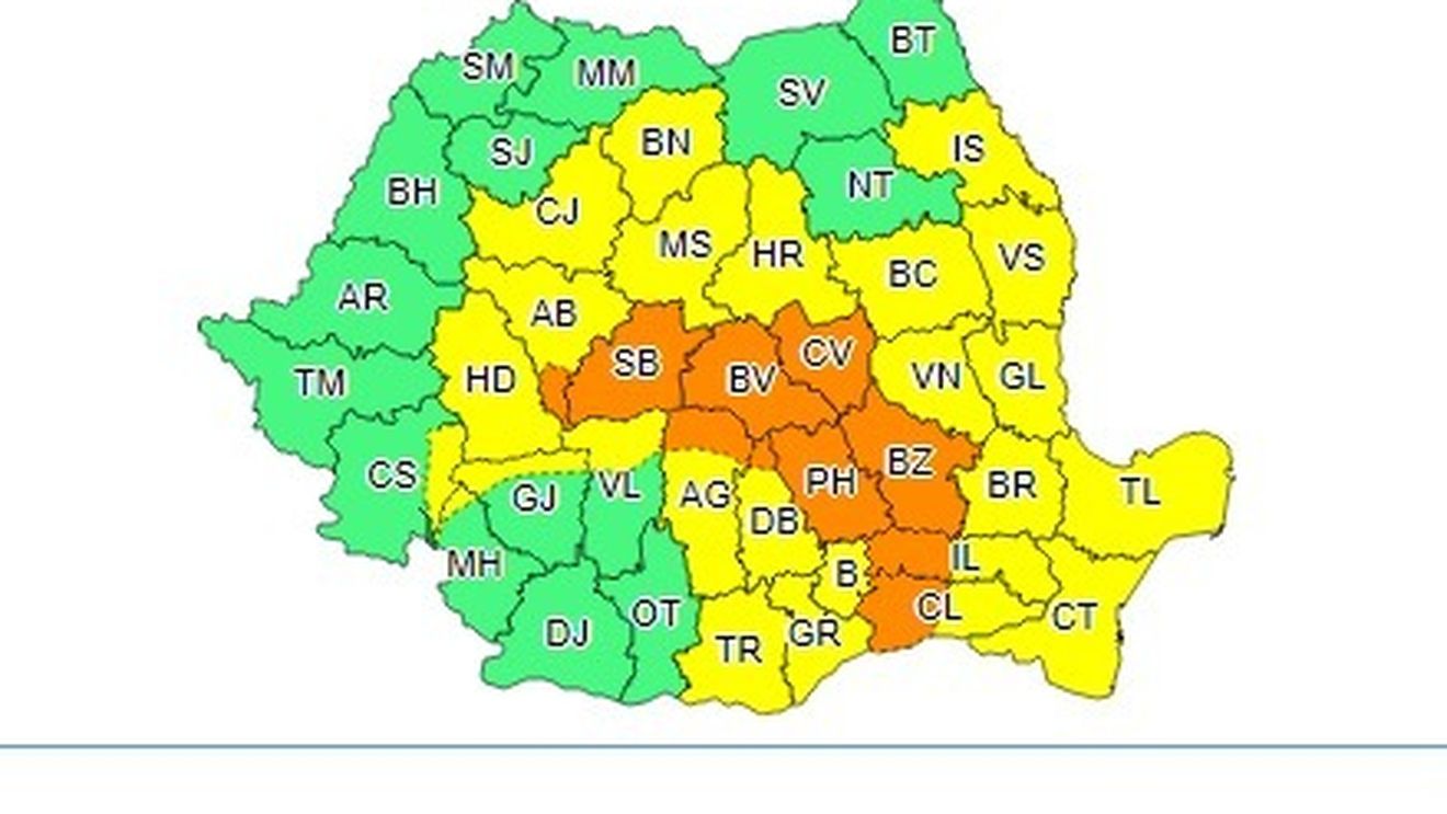 Avertizare cod portocaliu de ploi torenţiale şi vijelii pentru sudul şi sud-estul Transilvaniei şi local în Muntenia, până sâmbătă dimineaţă