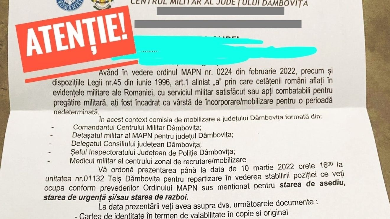 Ministerul Apărării: Documentul din imagine, fals de la un capăt la altul, se pretinde a fi un așa-zis ordin de chemare la mobilizare / Am sesizat autoritățile competente
