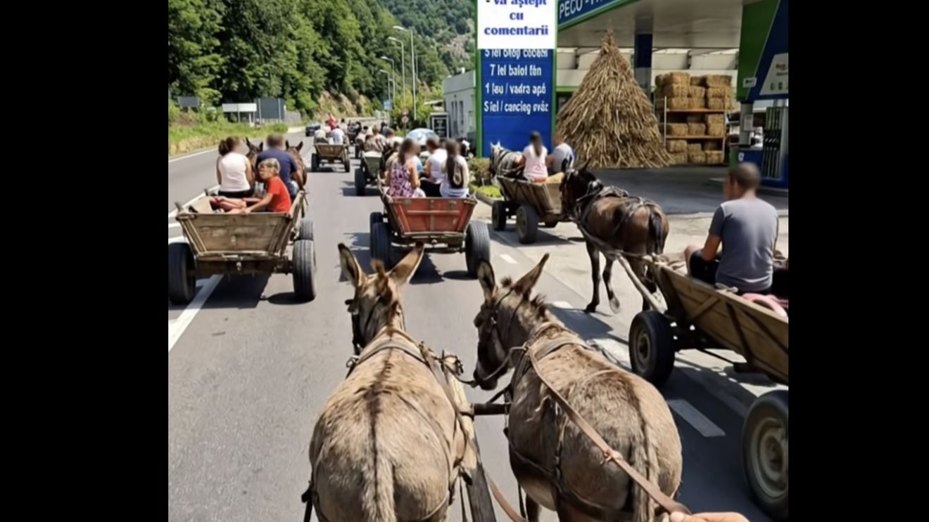 VIDEO Clip realizat cu AI despre viitorul transportului pe Valea Oltului: căruțe trase de măgari / Stațiile de alimentare vând fân și apă, nu benzină și motorină / Cât va mai crește prețul motorinei