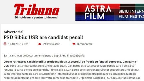 Cum încearcă PSD să beneficieze de pe urma scandalului Barna: Articole publicitare cu titlul ”USR are candidat penal!”