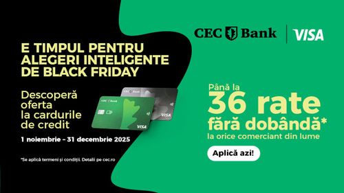 Ofertă de Black Friday: la CEC Bank, ai până la 36 de rate fără dobândă oriunde în lume și limită de 100.000 de lei, prin cardurile de credit. În plus, te bucuri de până la 59 de zile perioadă de grație. (P)