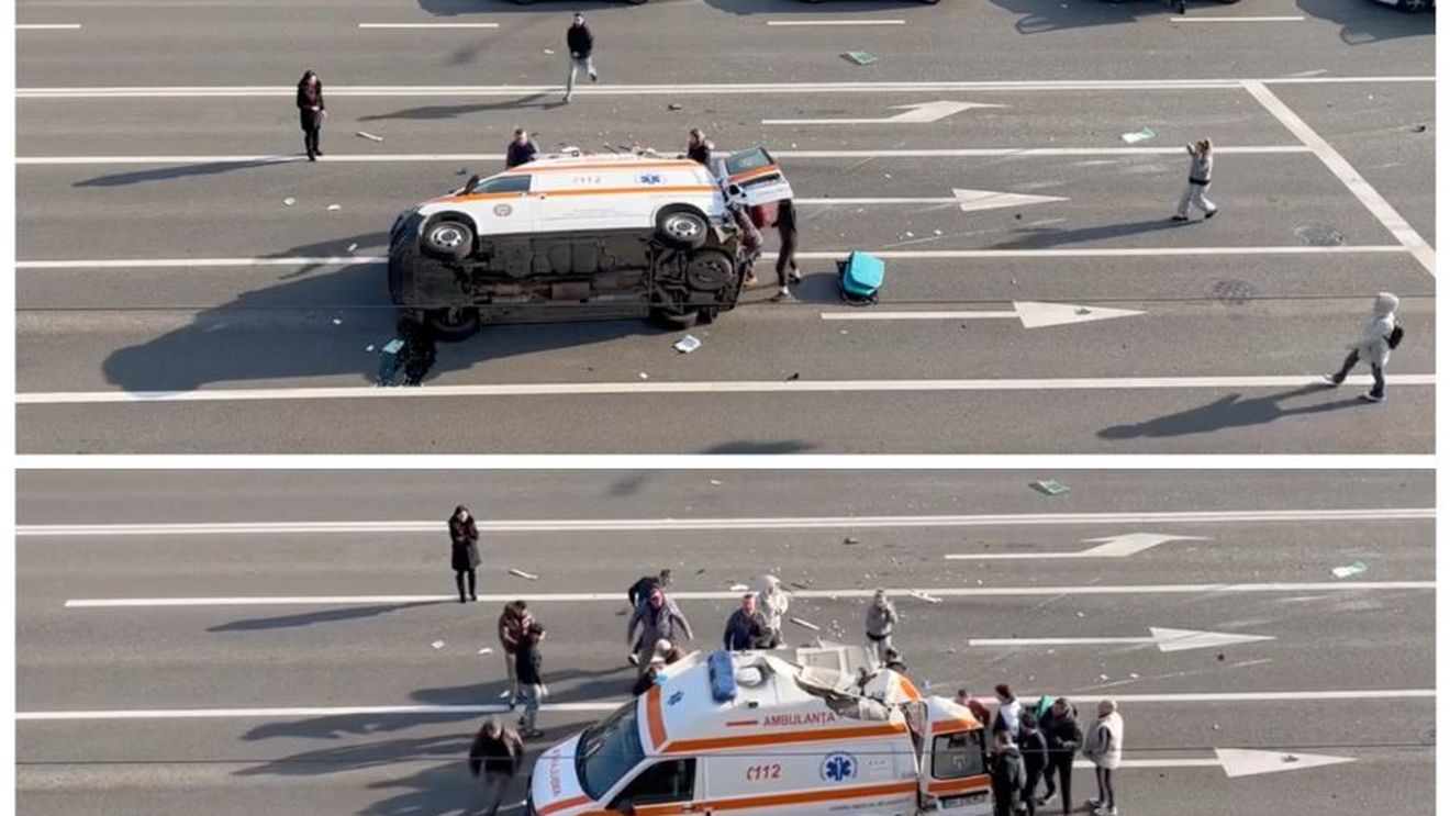 Martorii au repus pe roți o ambulanță răsturnată în Oradea, după un accident, în timp ce victimele erau încă în ea / Medic: „Este extrem de grav. Asistenta urla de durere” / ISU: ”E interzis să schimbați poziţia vehiculului”