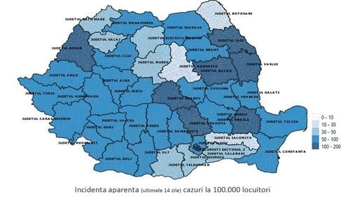 DOCUMENT Trendul epidemiei de COVID-19, ascendent în ultima săptămână în 10 județe și în București și descendent în 12 județe