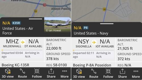 Avion militar, alimentat în aer deasupra Prahovei / Un Boeing P-8 Poseidon de recunoaștere a fost alimentat de un Boeing KC-135R Stratotanker