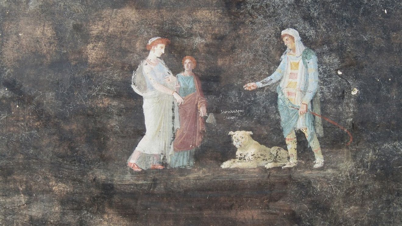 Sală de banchet cu fresce bine conservate, dezgropată dintre ruinele Pompeiului