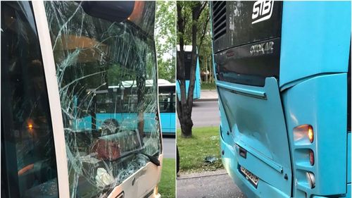 FOTO Două autobuze s-au tamponat ușor în Capitală/ Șofer: „Având în vedere că ITP-ul se face în regie proprie, de către STB, cu inspectorii STB, șoferii sunt cei care sunt scoși vinovați de fiecare dată”