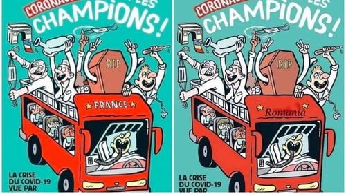 O falsă copertă Charlie Hebdo s-a viralizat pe rețelele sociale. Imaginea, deși prelucrată, surprinde perfect realitatea din România: ”Suntem campionii coronavirusului”