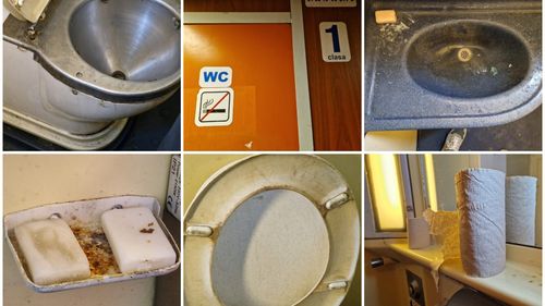 FOTO Cum arată băile de la clasa 1 în trenul Constanța-Sibiu, într-o călătorie de peste 9 ore: Mizerie, rugină, săpunuri refolosite și hârtie depozitată impropriu/ Resemnarea călătorilor: ”Măcar nu pute”