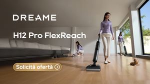 Dreame H12 Pro FlexReach curăță sub mobilă joasă cu o putere de 18.000Pa. Peria se autospală cu apă la 90°C, se usucă în 5 min și taie părul încâlcit. Ajunge în spații greu accesibile cu precizie și zero bătăi de cap (P)