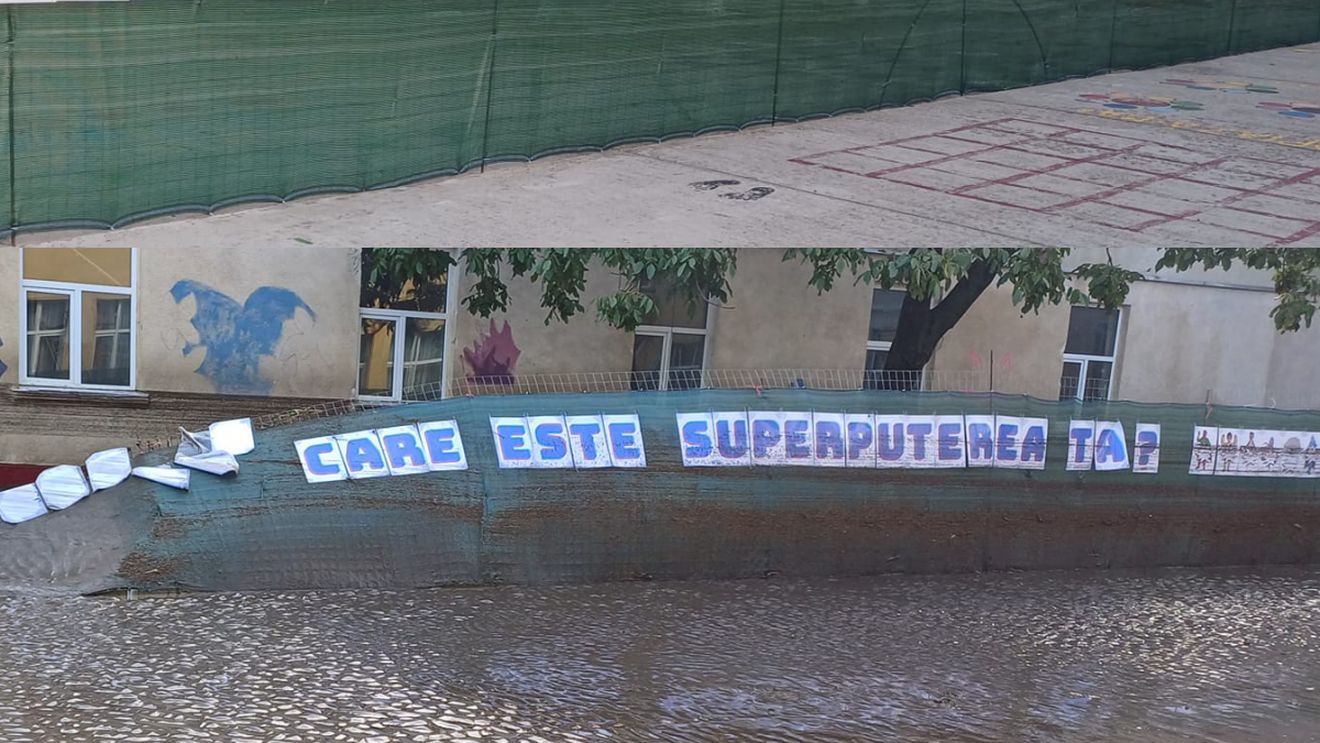 FOTO „Care este superputerea ta?” – mesajul de la Școala Gimnazială din Cudalbi, care a rezistat după ce curtea școlii a fost măturată de viitură, în județul Galați