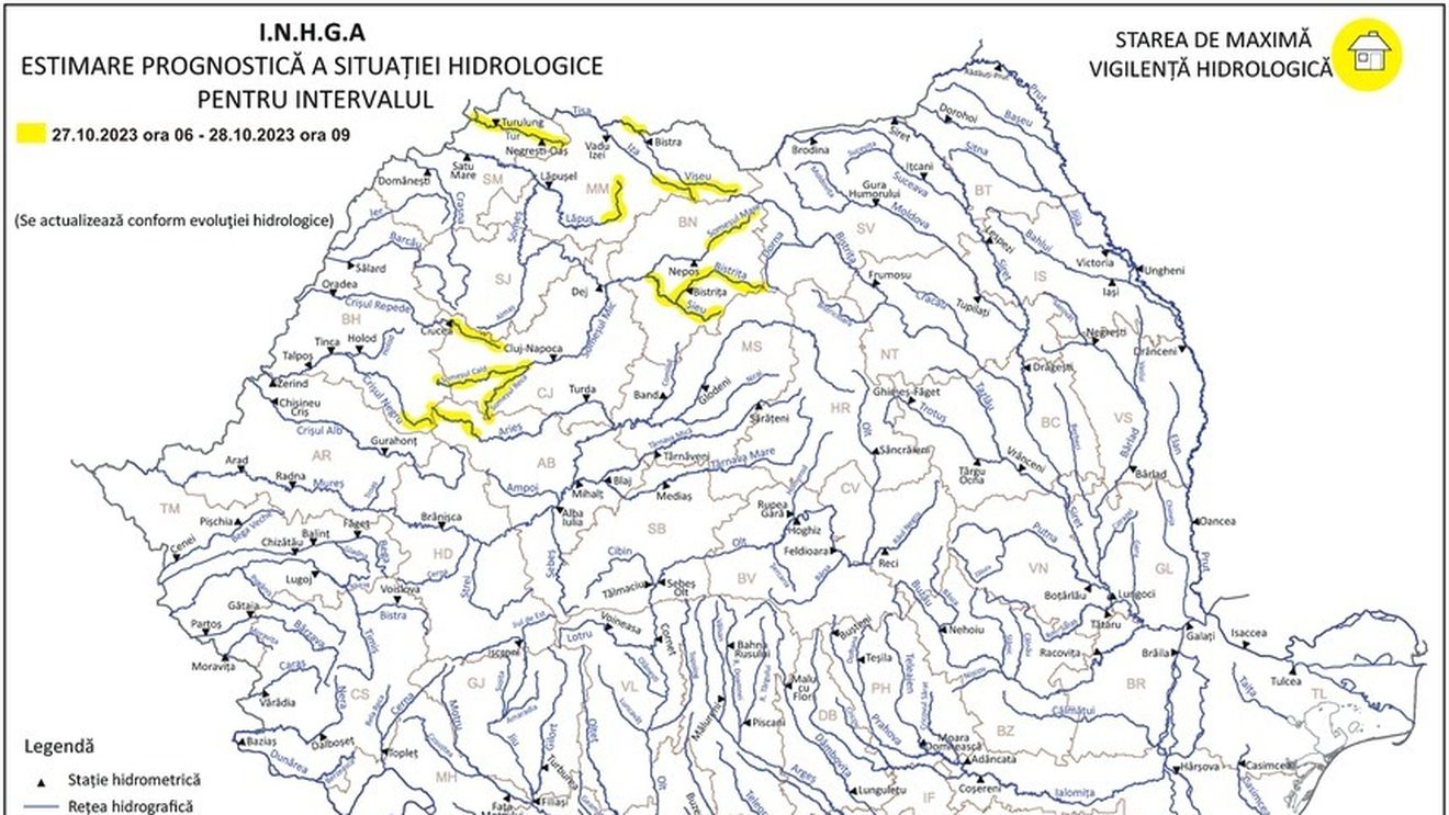Hidrologii anunţă risc de viituri pentru râuri din şase judeţe, până sâmbătă la ora 9:00 / Posibile depăşiri ale cotelor de atenţie / Sunt vizate județele: Satu Mare, Maramureş, Bistriţa-Năsăud, Bihor, Cluj şi Alba