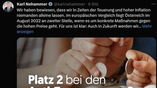Campania premierului Karl Nehammer, „Crede în Austria”, ilustrată cu ruble / Fotografia care însoțește măsurile anti-inflație e realizată de un rus și are în prim plan ruble rusești