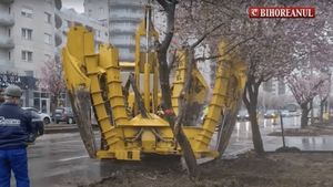 Primăria Oradea a adus un utilaj special din Ungaria, pentru a muta copacii înfloriți de pe Calea Aradului, unde se deschide un șantier