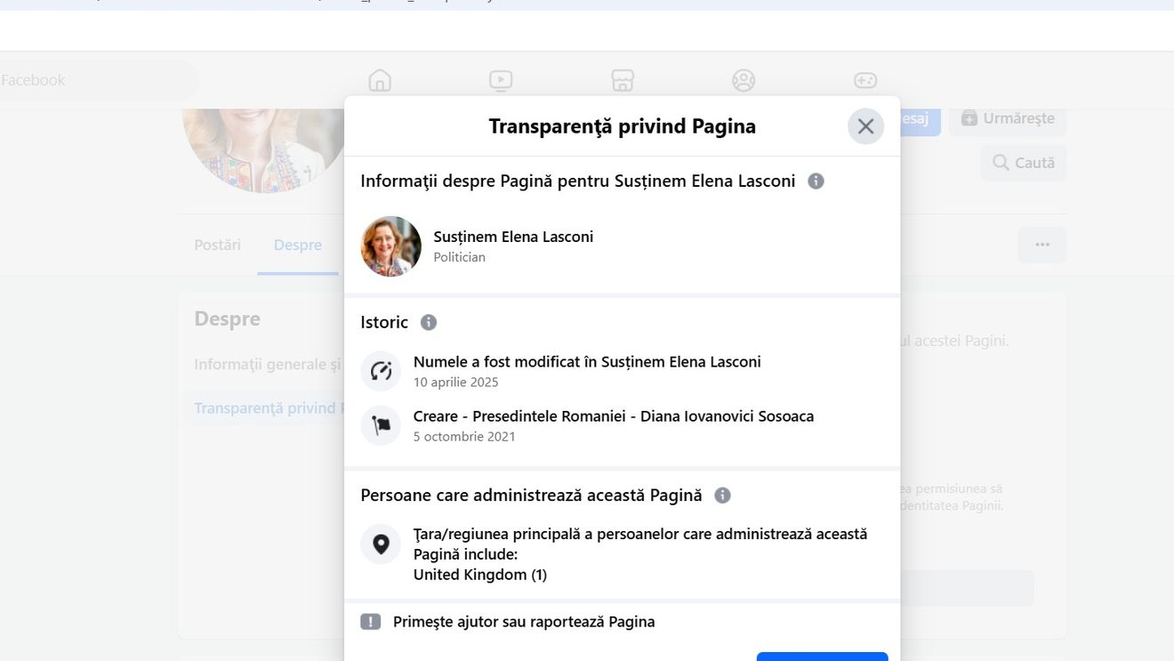 O pagină de Facebook care a susținut-o 4 ani pe Diana Șoșoacă și-a schimbat numele în ”Susținem Elena Lasconi” / Pagina are peste 21.000 de urmăritori, este administrată din Marea Britanie și conține clipuri de susținere nemarcate