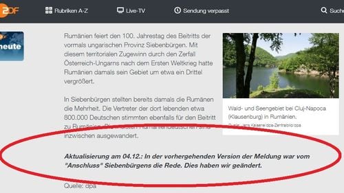 Televiziunea germană de stat ZDF a rectificat știrea despre Unirea României: a înlocuit termenul ”anexare” cu ”câștig teritorial”