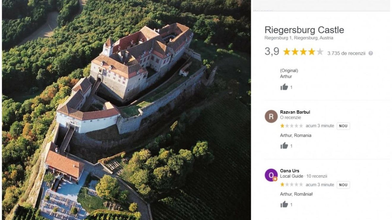 Pagina de Google a Castelului din Riegersburg, sub asaltul a sute de români indignați. ”Arthur, Romania” și recenzii de o stea pentru afacerea prințului care a împușcat ursul din Covasna
