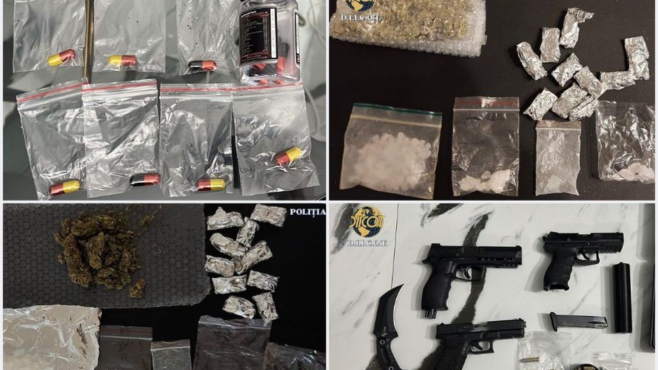 Droguri de risc şi mare risc, dar și arme, cartușe și cuțite de tip militar, descoperite în urma perchezițiilor efectuate în județul Bihor / Cinci tineri au fost reținuți