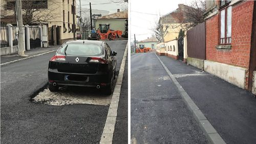 Asfaltare pe lângă o maşină, pe o stradă din Craiova / ”Şoferul a fost aşteptat destul de mult, am sunat şi la ridicări, dar și ei au întârziat din cauza unor probleme” / Între timp, muncitorii au reparat lucrarea
