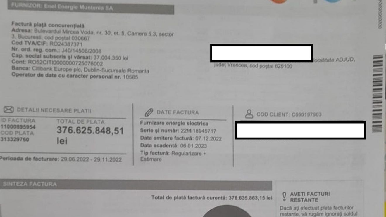 Factură de 376 de milioane de lei primită de un vrâncean pentru consumul de energie electrică. Enel a retras factura și a înlocuit-o cu cea corectă