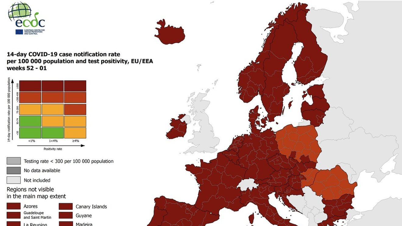 România, roșie în întregime pe harta COVID a Europei, nivelul 3 din 4 de îngrijorare privind situația epidemiologică