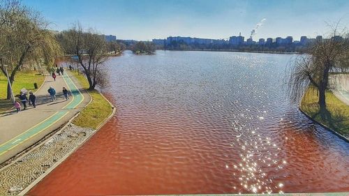 FOTO Fundația Eco Civica susține că în lacul IOR din Capitală au fost deversate dejecții. Apa lacului este roșie de câteva săptămâni