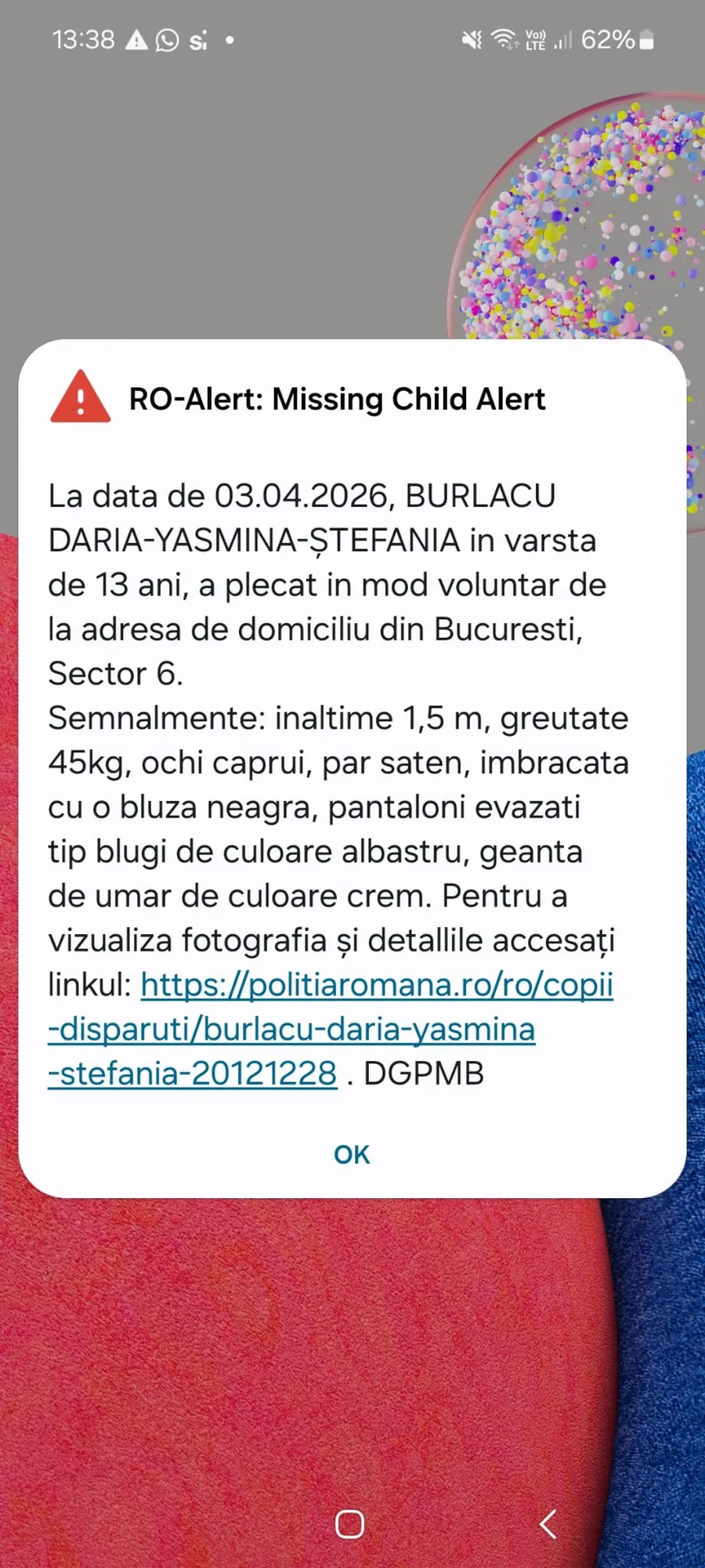 mesaj RO-Alert dispariție fată București