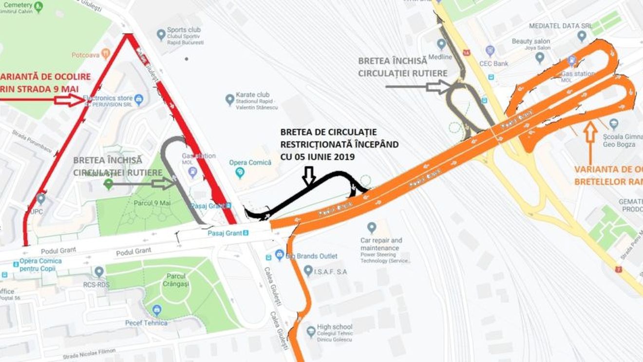 Primăria Capitalei anunță că breteaua de urcare/coborâre a Podului Grant dinspre Gara de Nord spre Giuleşti va fi închisă începând de miercuri