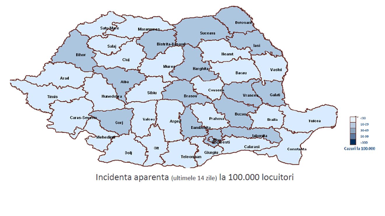 Grafice INSP: Caraș Severin, singurul județ fără niciun caz de coronavirus în ultimele două săptămâni / Suceava, în continuare în topul noilor infectări