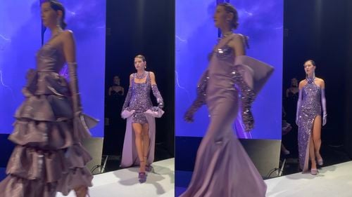 ‘ONCE’ de Tudor Halațiu la Romanian Fashion Week: corsete metalizate, rochii violet și tafta lucioasă într-o colecție despre structură și control estetic