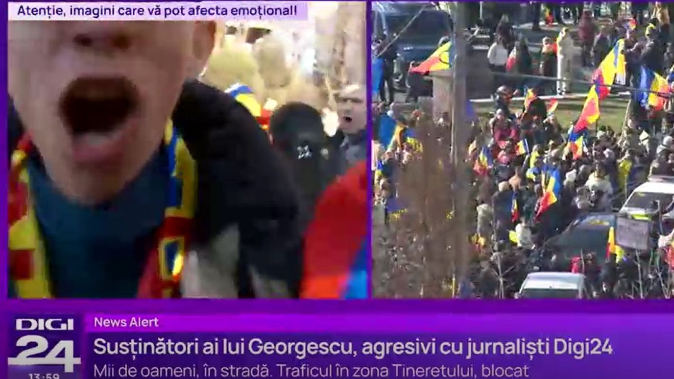 Susținătorii lui Călin Georgescu, agresivi cu echipa Digi24 la evenimentul din Parcul Tineretului. Au tras de cameră și au început să înjure