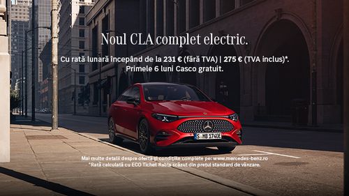 O clasă aparte – noul CLA complet electric. Comandă acum CLA 250+, cu rată lunară începând de la 231 € (fără TVA) / 275 € (TVA inclus). Primele 6 luni CASCO gratuit. Descoperă oferta completă pe www.mercedes-benz.ro. (P)