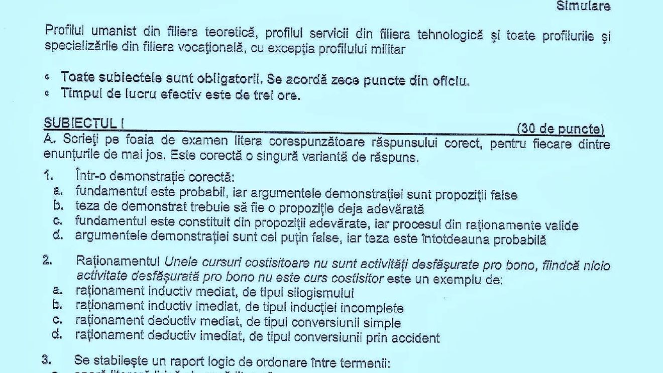 Subiectele de la Logică – simulare BAC 2023: La subiectul al III-lea, elevii au avut să construiască un silogism valid prin care să justifice propoziția „Unele comunități culturale sunt tradiționaliste”