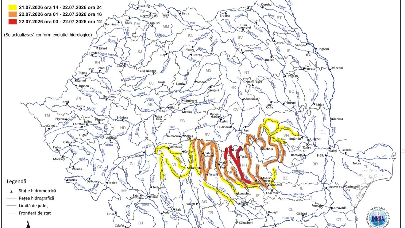 Cod Roșu de inundații și viituri rapide în Dâmbovița și Prahova / Avertizare hidrologică în mai multe zone din țară