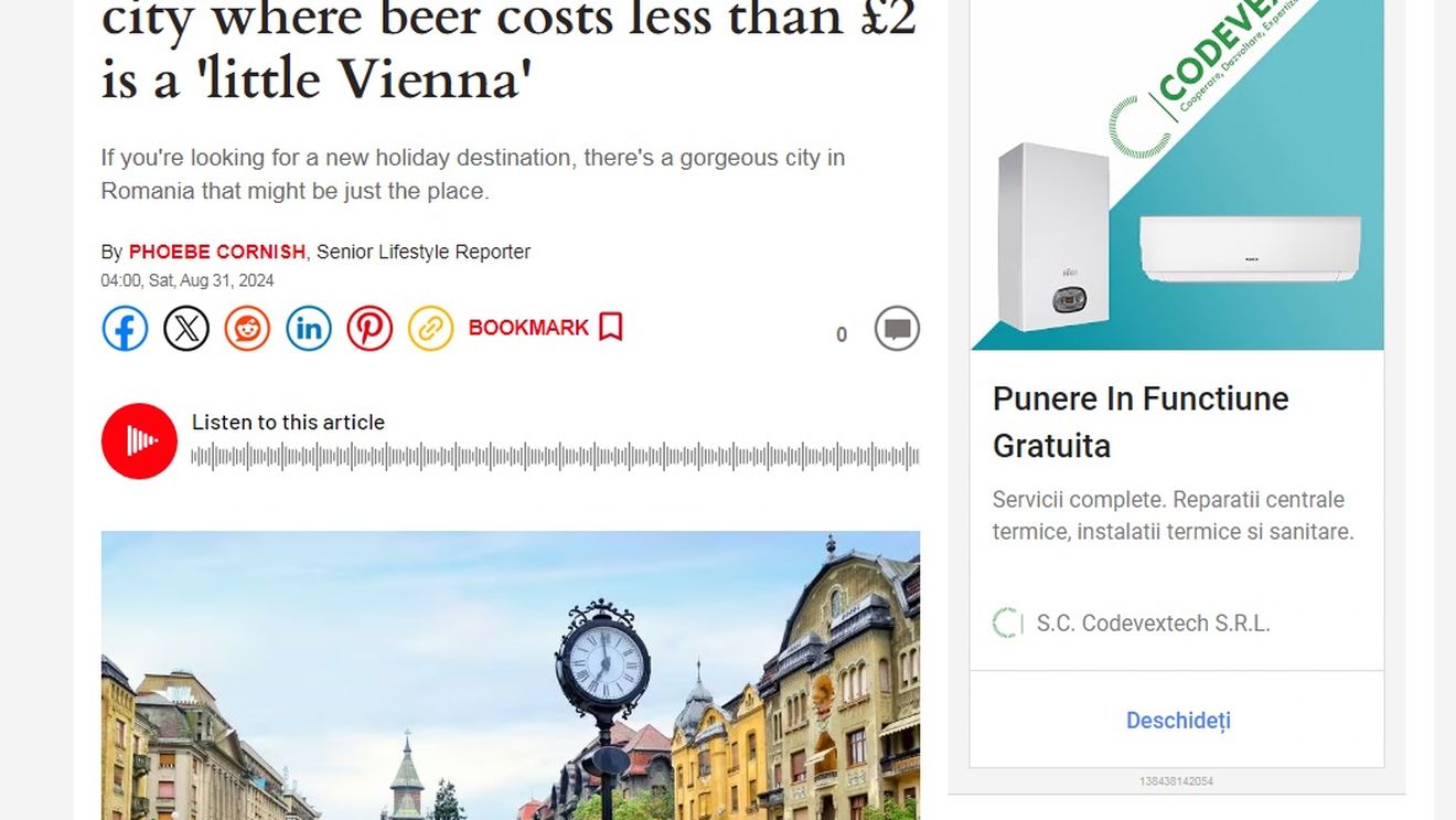 Articol elogios despre Timișoara în tabloidul britanic Daily Express. Europa are un oraș fermecător și ieftin, unde berea costă mai puțin de 2 lire sterline și este cunoscut ca o „mică Vienă”
