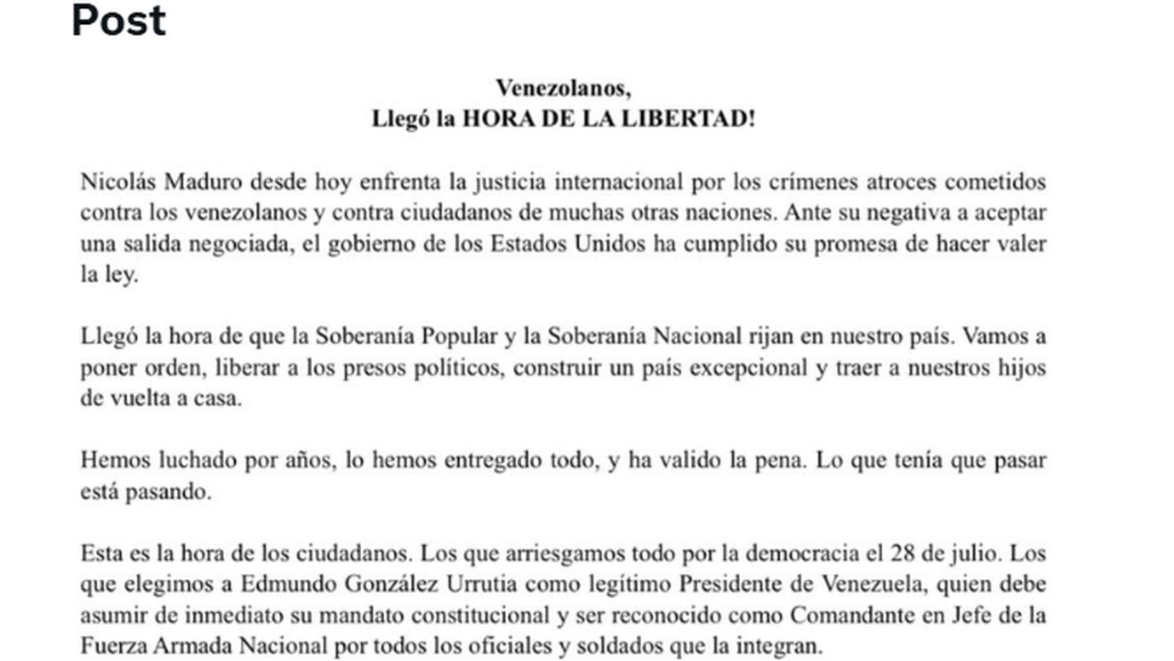 Lidera opoziției venezuelene María Corina Machado, mesaj către populație după capturarea lui Maduro: „A sosit ora libertății” / Apel la recunoașterea lui Edmundo González Urrutia drept președinte legitim al Venezuelei